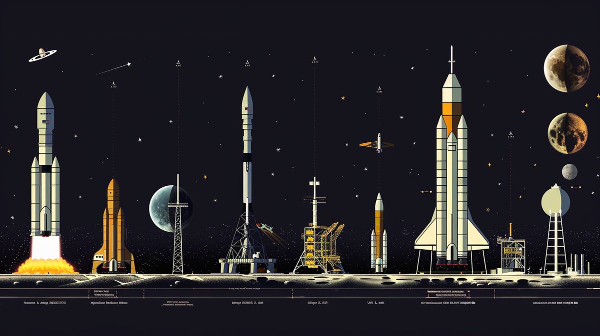 Infografik zur Geschichte der Raumfahrt mit wichtigen Meilensteinen und Entdeckungen