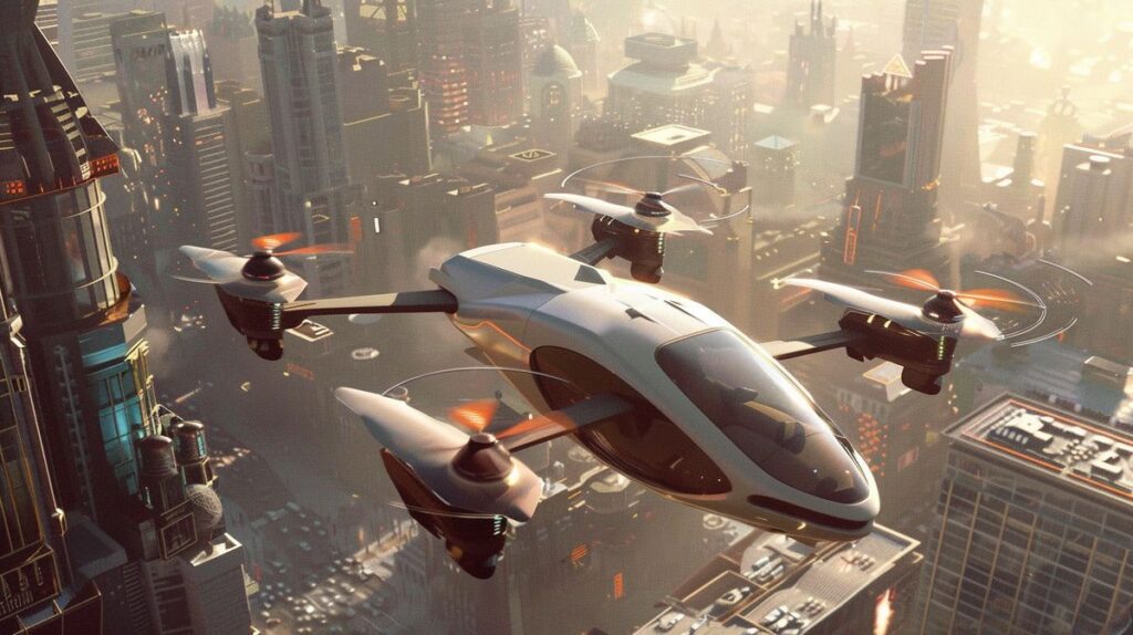 Elektrisches Flugtaxi beim Start in einer urbanen Landschaft