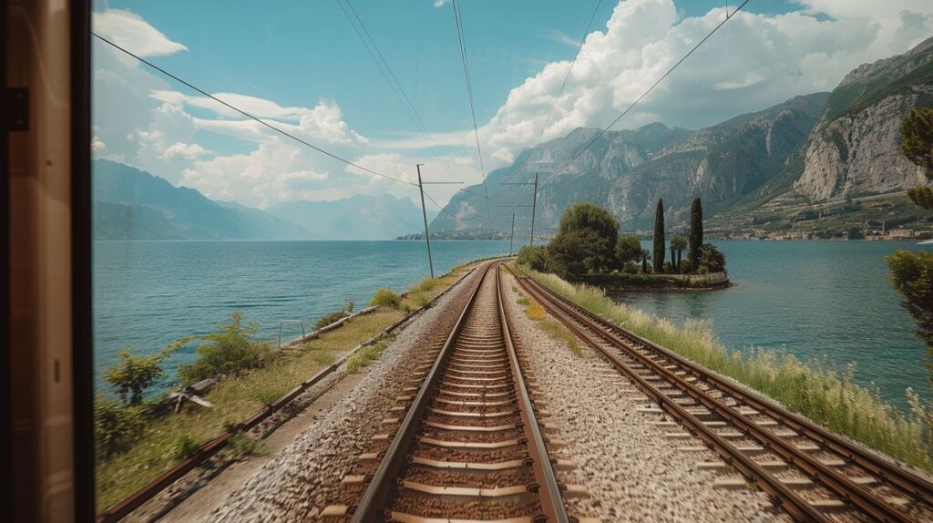 Reisender genießt die Aussicht während der Fahrt mit dem Zug zum Gardasee, Erfahrungen und Landschaft im Hintergrund