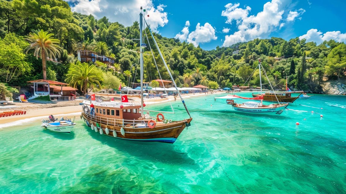 Frau genießt entspannten Türkei Urlaub am sonnigen Strand mit klarem blauem Wasser