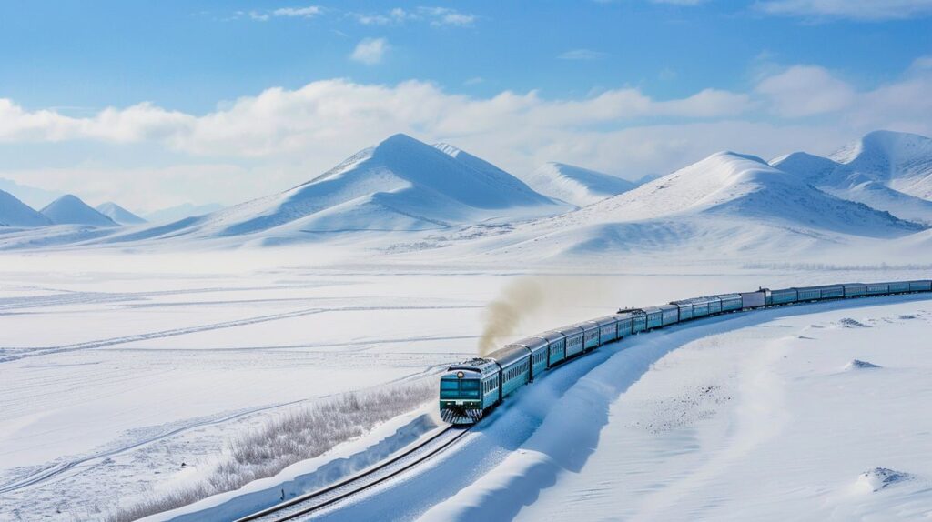 Zug der Transsibirischen Eisenbahn fährt durch eine malerische Winterlandschaft