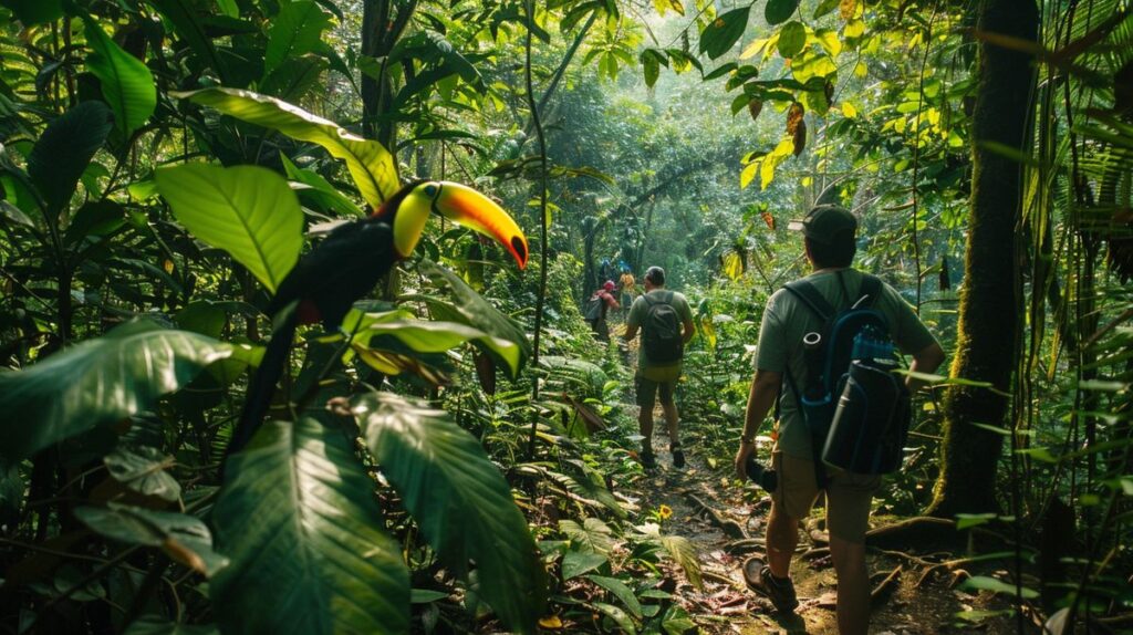 Gruppe von Touristen genießt eine geführte Costa Rica Rundreise durch den tropischen Regenwald