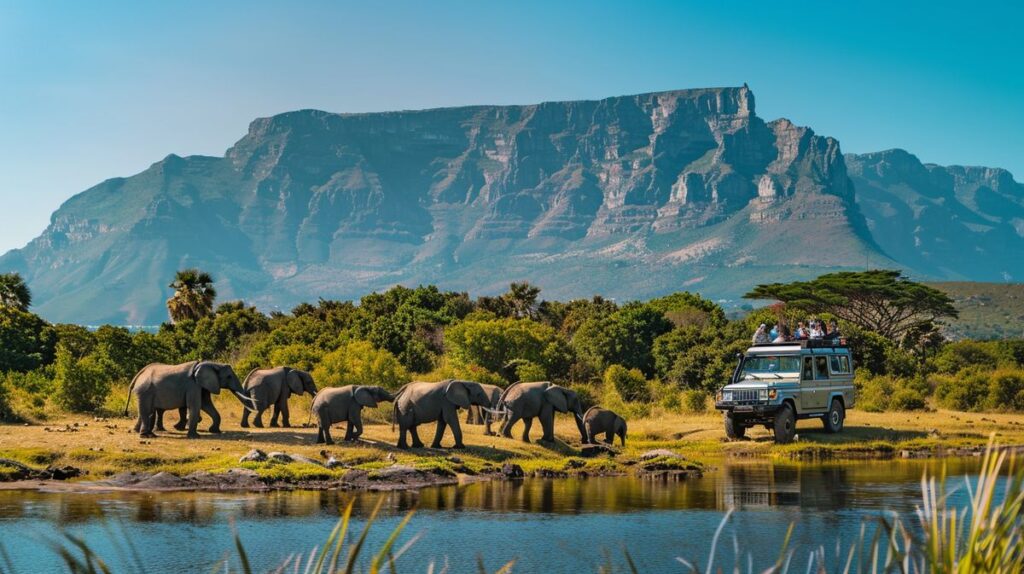 Gruppe von Touristen genießt eine geführte Safari während ihrer Südafrika Rundreise