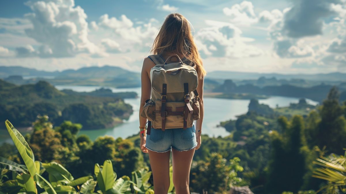 Frau genießt die Freiheit beim alleine Reisen als Frau am sonnigen Strand mit wehendem Haar und erhobenen Armen