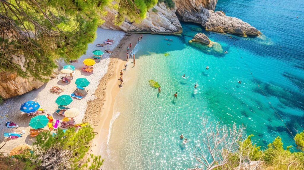 Familie genießt einen sonnigen Strandurlaub in Europa mit klarem blauem Himmel und sanften Wellen