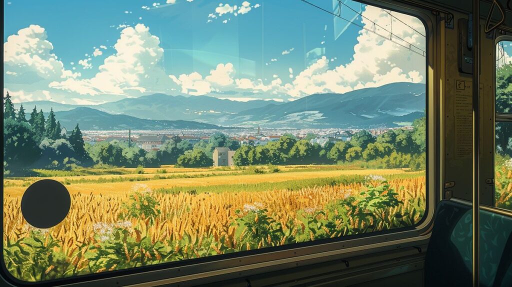 Zugreise über eine malerische Brücke mit dem Zug durch Europa, umgeben von grüner Landschaft und blauem Himmel