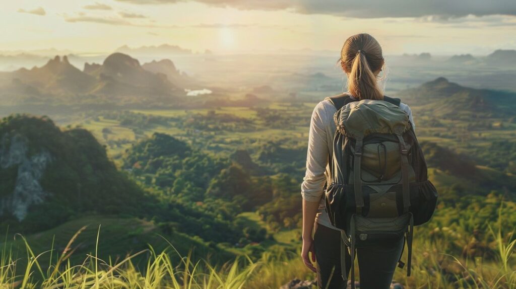 Frau genießt die Freiheit beim Alleinreisen in einer malerischen Berglandschaft, perfektes Beispiel für alleine reisen als Frau