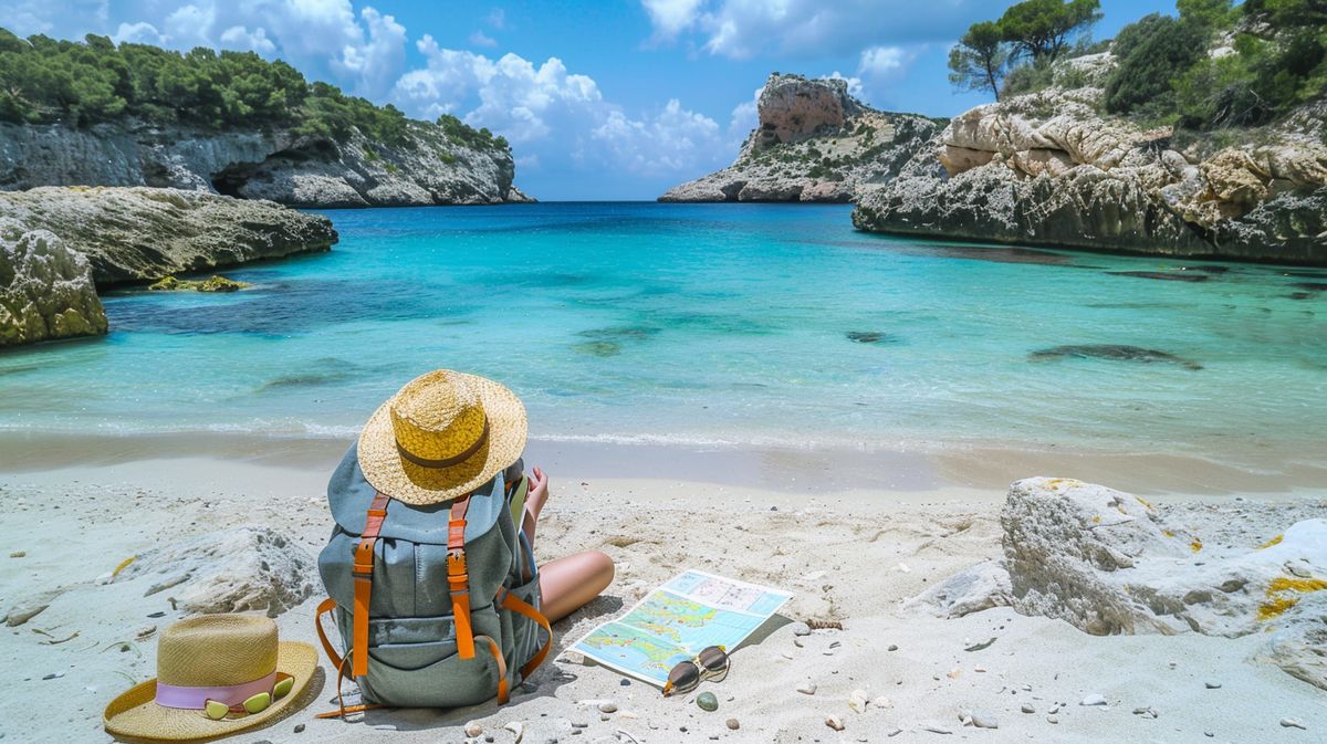 Billig reisen Mallorca, sonniger Strand mit klarem blauem Wasser und entspannten Urlaubern