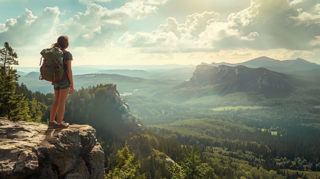 Frau mit Rucksack genießt die Aussicht auf Berge, inspirierendes Beispiel für allein reisen