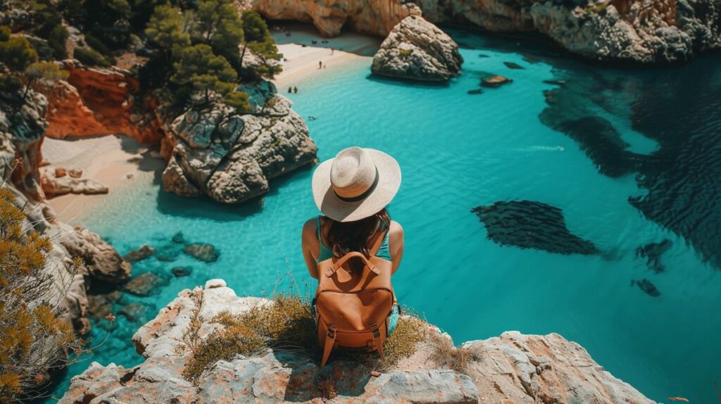 Frau genießt den Sonnenuntergang am Strand in Mallorca, ideal für alleinreisende Frauen