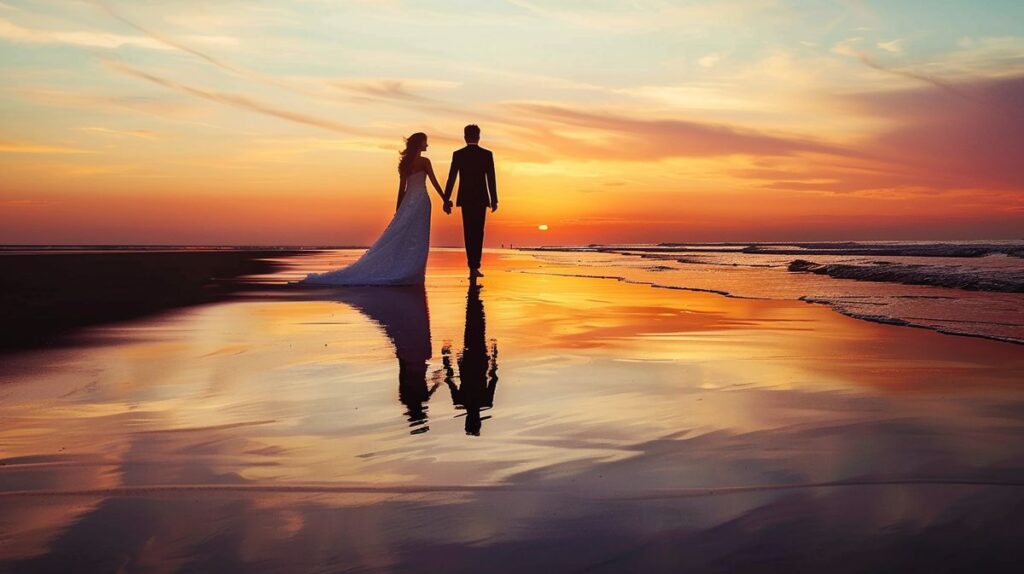 Glückliches Paar am Strand auf ihrer Hochzeitsreise, Hand in Hand beim Sonnenuntergang