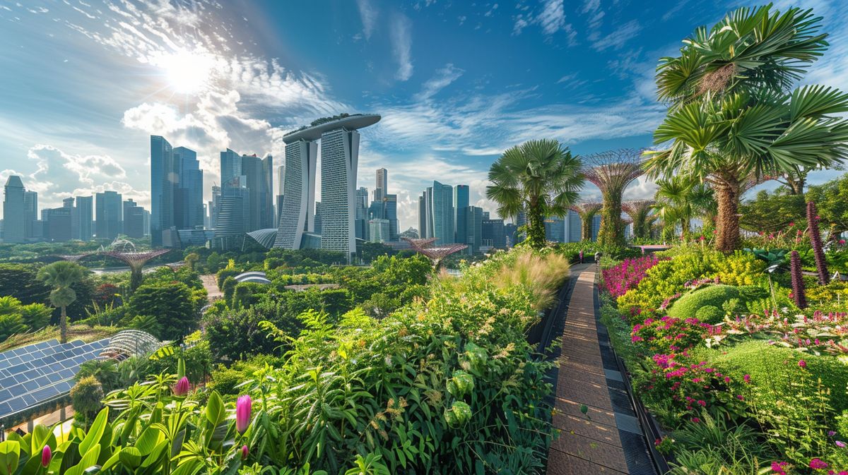 Grüne Architektur und nachhaltige Stadtplanung in Singapur, Beispiel für singapur grüne stadt mit modernen Gebäuden und üppigen Gärten