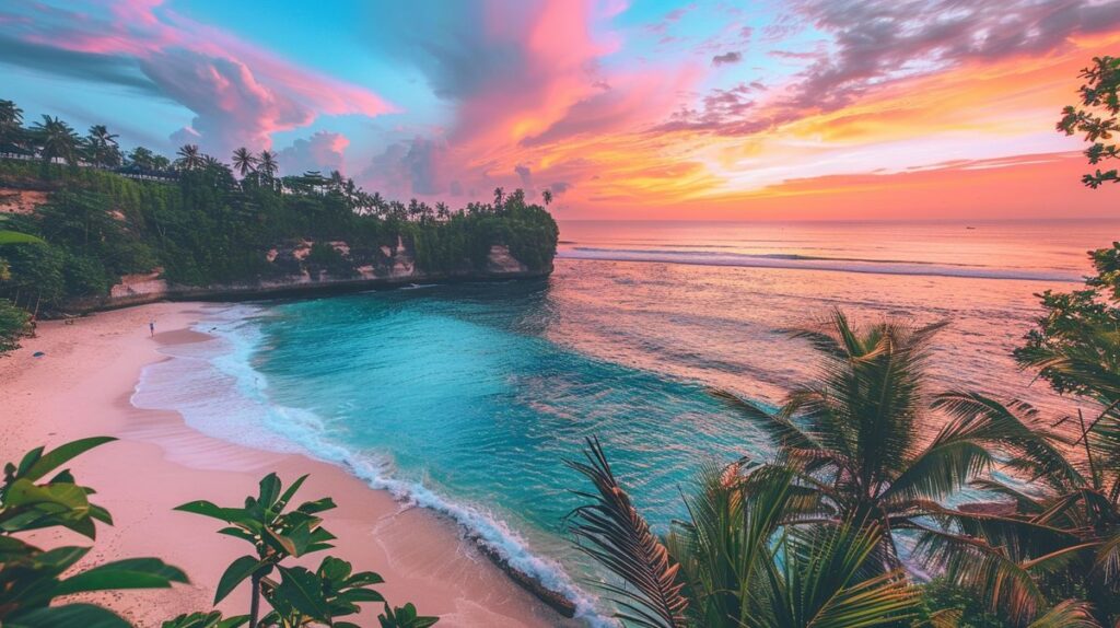 Panoramaaufnahme von einem ruhigen Strand in Bali, perfekt für einen entspannten Bali Urlaub