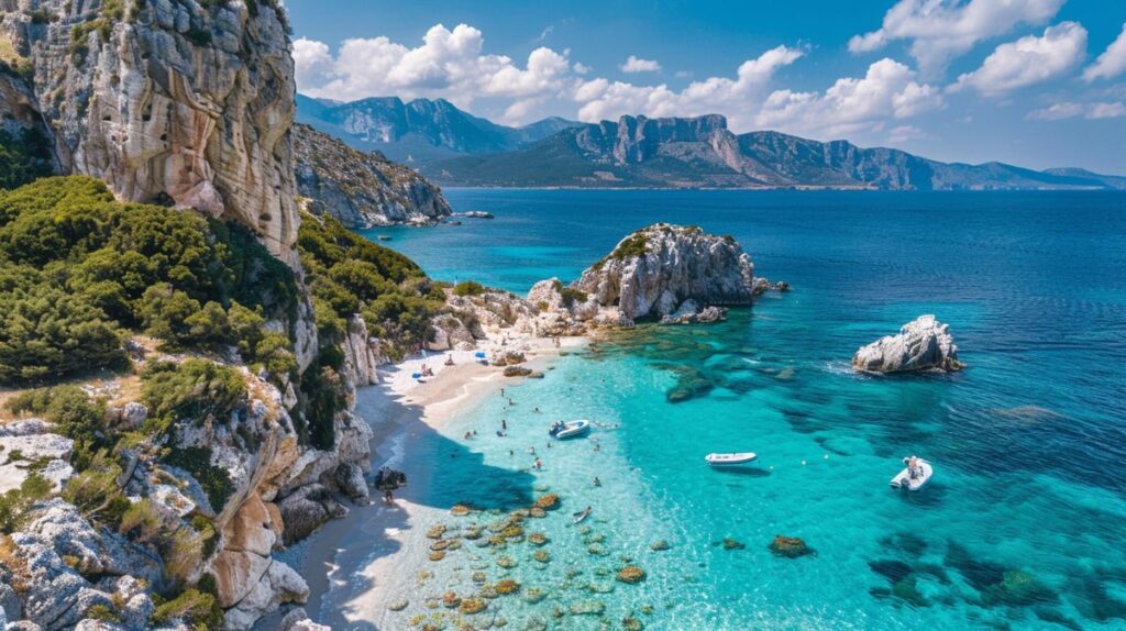 Gruppe von Freunden genießt eine Sardinien Rundreise mit Blick auf malerische Küstenlandschaft