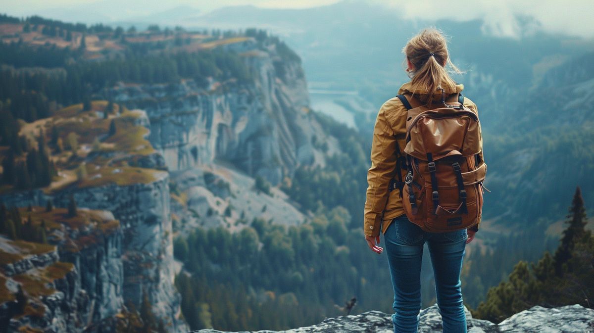 Frau, die allein reist, genießt die Aussicht auf eine malerische Berglandschaft