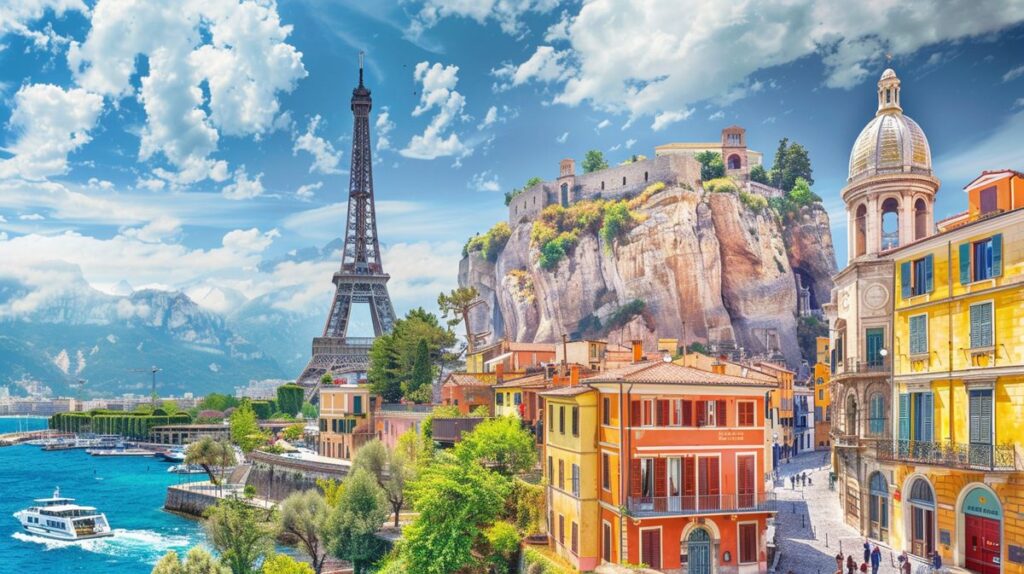 Günstige Reiseziele Europa, malerische Landschaft mit historischer Architektur und blauem Himmel