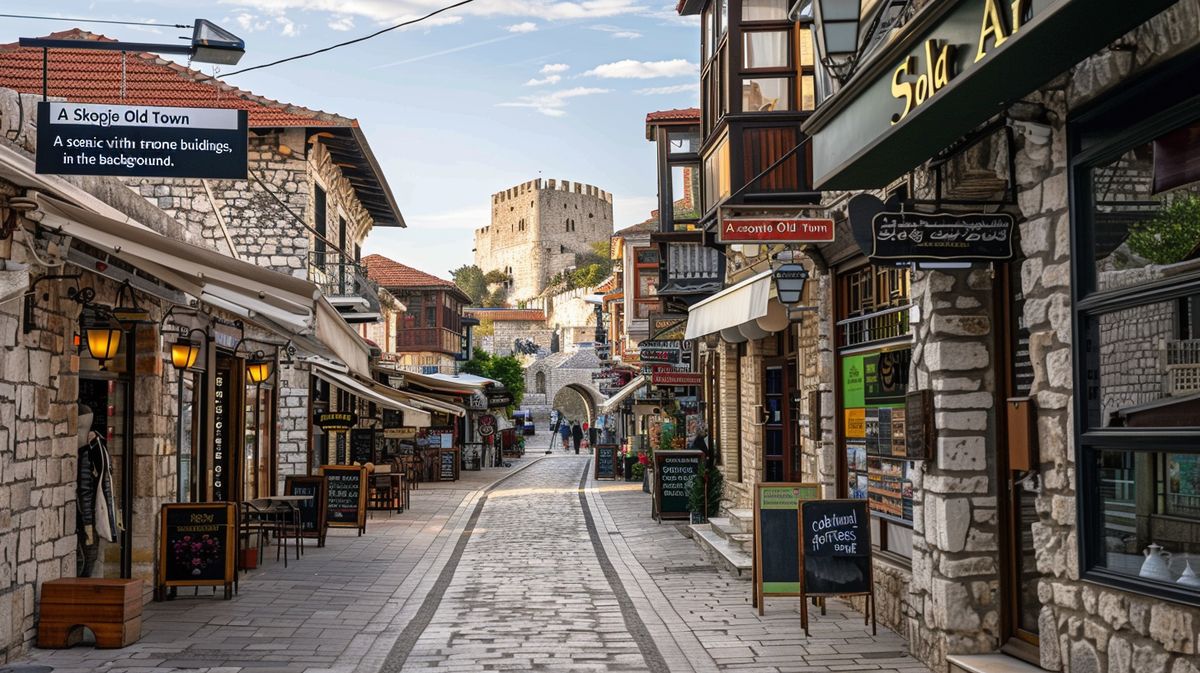 Blick auf die lebhafte Skopje Altstadt mit traditionellen Gebäuden und Kopfsteinpflasterstraßen bei Tageslicht