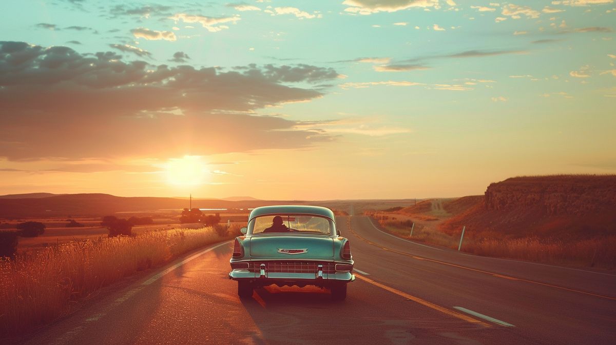 Auto fährt auf der Route 66 durch eine malerische Landschaft, route 66 wie lange braucht man für diese ikonische Straße