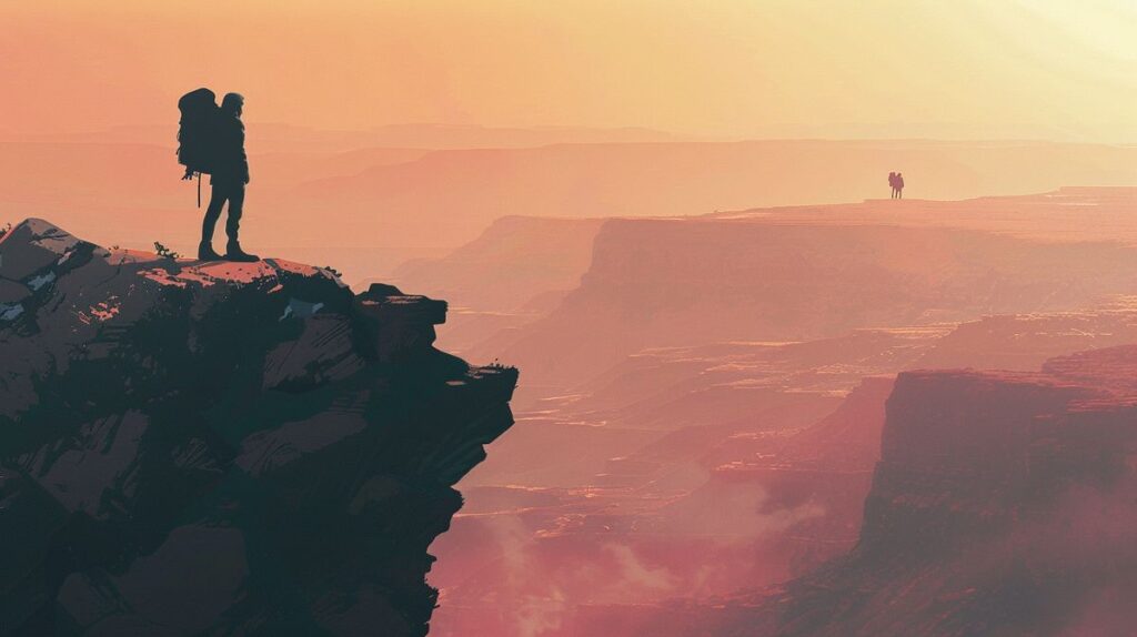 Frau mit Rucksack steht alleine auf Berggipfel, Blick in die Ferne, symbolisiert Freiheit und die Debatte, ob alleine reisen macht beziehungsunfähig