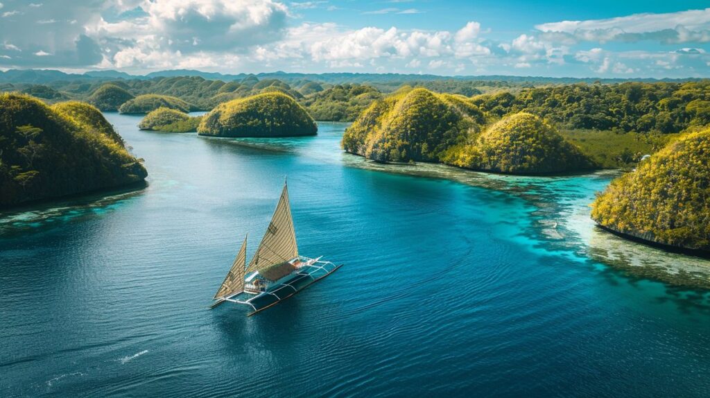 Gruppe von Touristen auf einer Bootstour während einer Philippinen Rundreise, umgeben von kristallklarem Wasser und malerischen Inseln