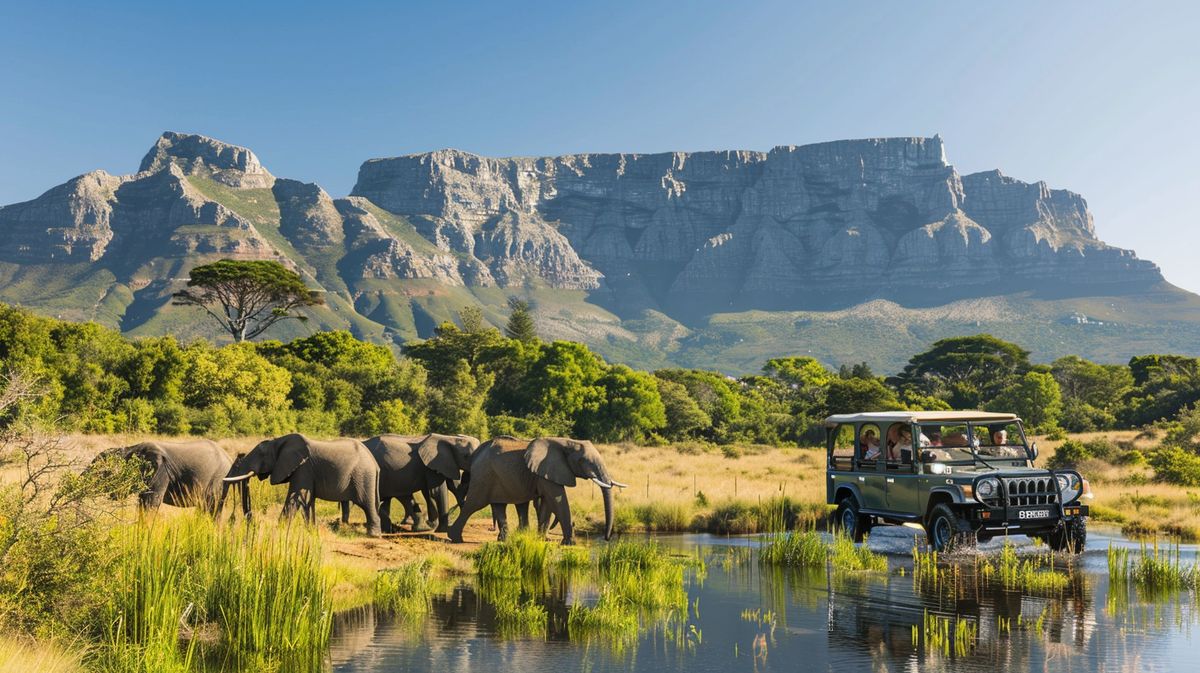 Gruppe von Touristen genießt eine geführte Safari während einer Südafrika Rundreise in einem Naturreservat