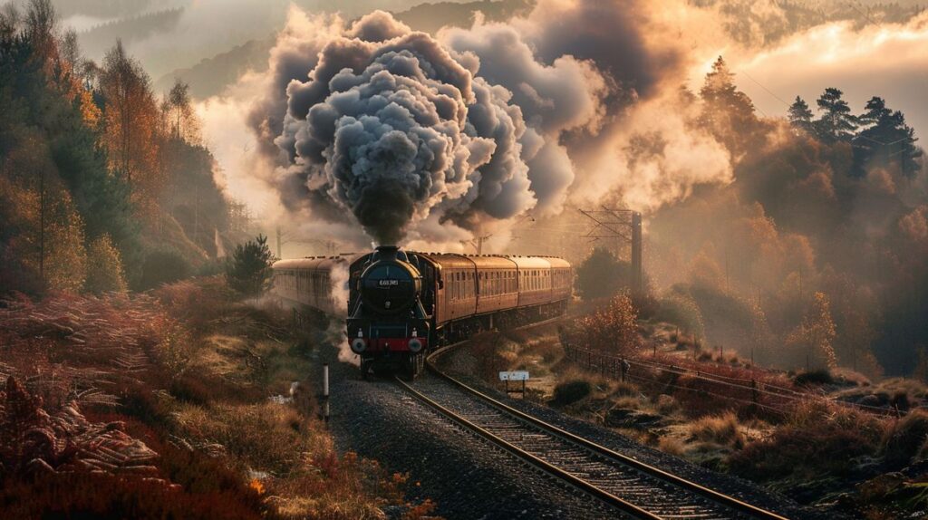 Dampflok des Hogwarts Express fährt durch malerische Landschaft