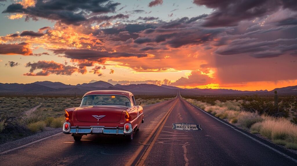 Auto fährt auf der Route 66 durch die Wüste, perfektes Beispiel für route 66 wie lange braucht man für die klassische Strecke