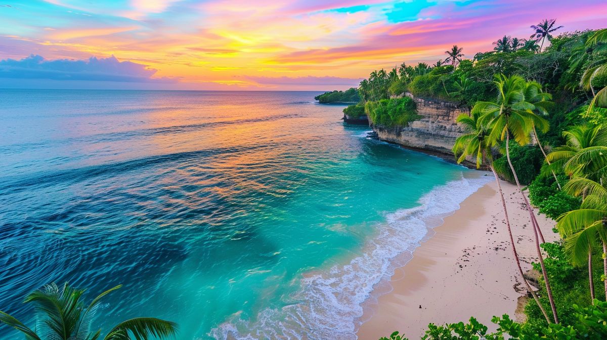 Frau entspannt am Strand während ihres Bali Urlaubs mit malerischem Sonnenuntergang im Hintergrund