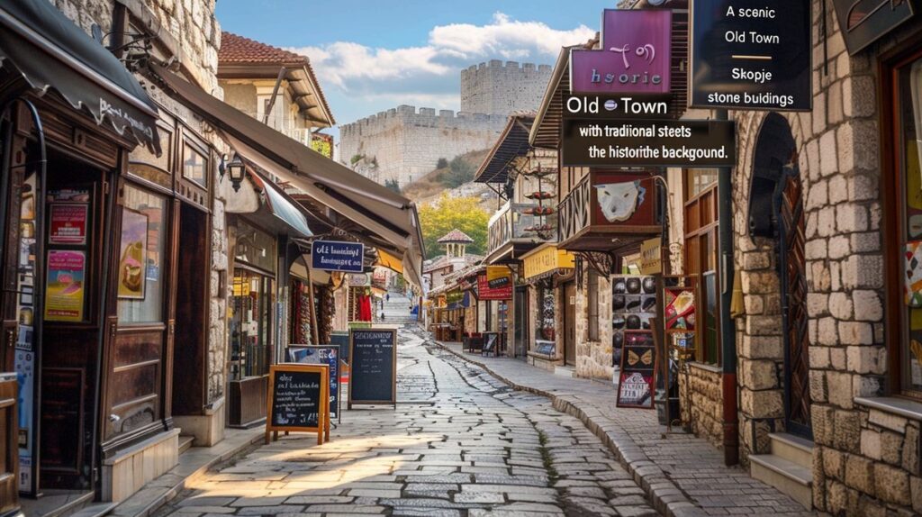 Blick auf die belebte Skopje Altstadt mit traditionellen Gebäuden und Passanten