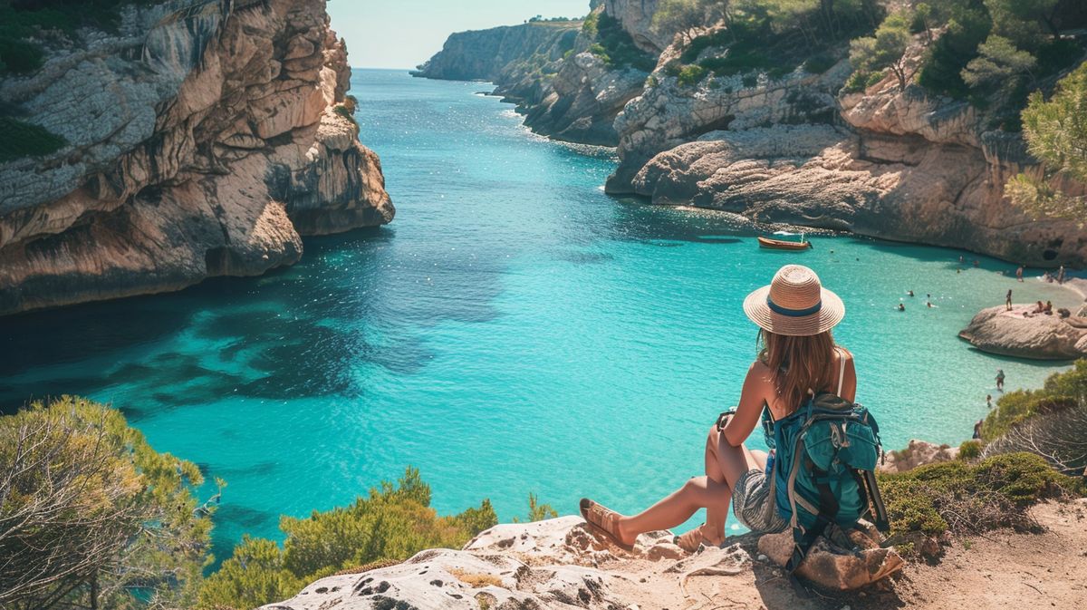 Frau genießt den Sonnenuntergang am Strand auf Mallorca, ideal für alleinreisende Frauen