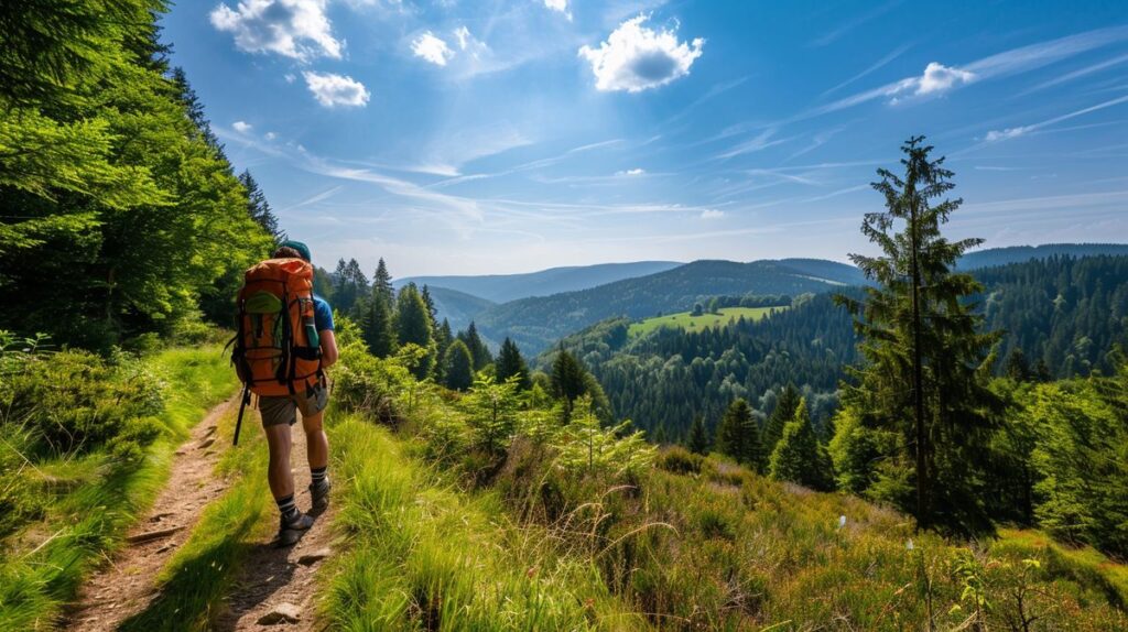 Wanderer genießen die malerische Aussicht auf Berge während eines Wanderurlaubs in Deutschland