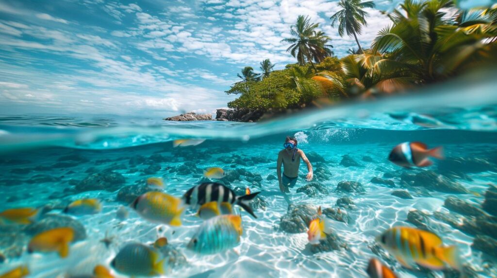 Frau schnorchelt im klaren blauen Wasser während eines Schnorchelurlaubs in einem tropischen Paradies