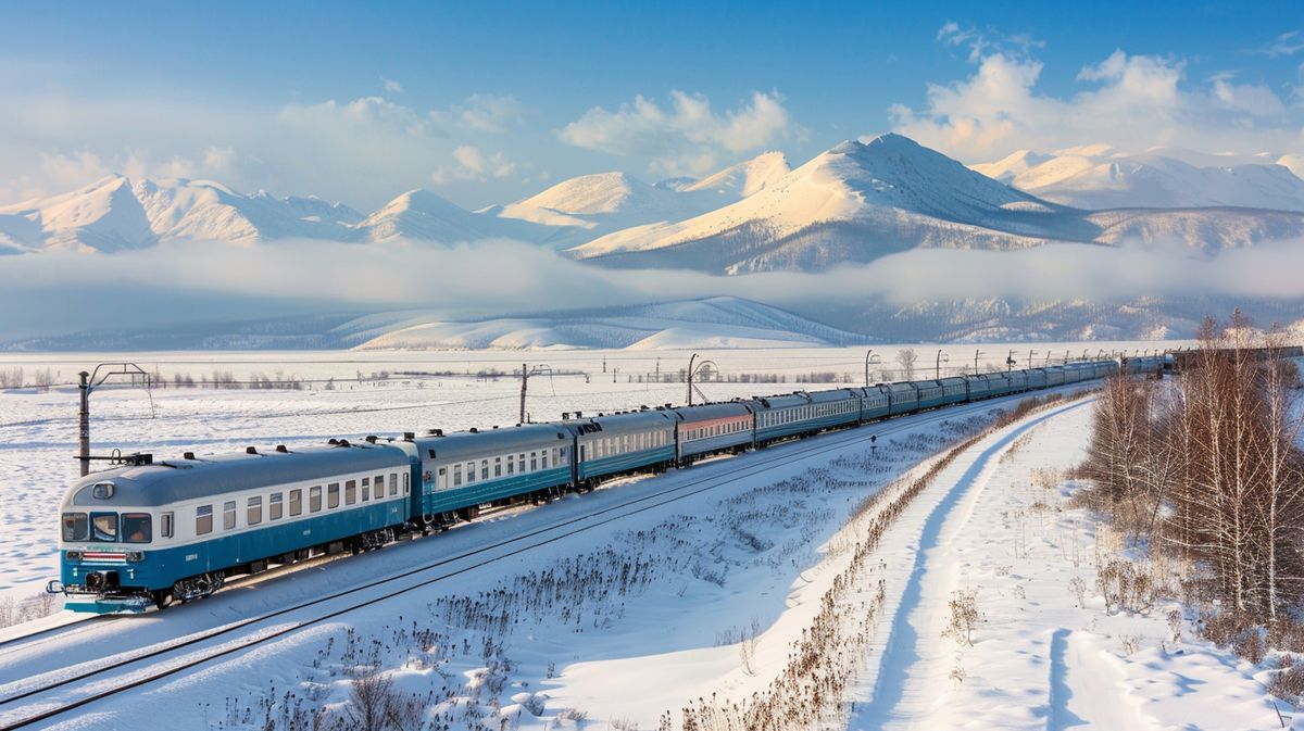 Lokomotive der Transsibirischen Eisenbahn fährt durch eine malerische Winterlandschaft