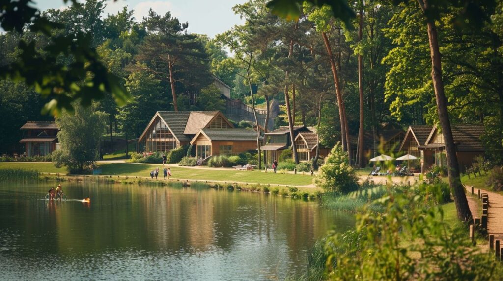 Familie genießt Spaß im Wasser bei Sonnenuntergang, perfekte Center Parcs Angebote für den Urlaub