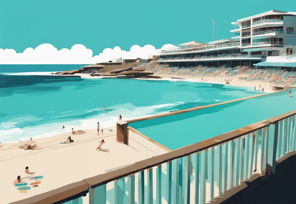 Digitale Illustration Bondi Beach Pool mit türkisfarbenem Wasser und Sandstrand im Hintergrund