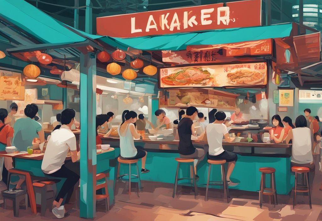 Moderne digitale Illustration eines belebten Hawker Centers in Singapur mit türkisem Farbschema, gefüllt mit bunten und aromatischen lokalen Gerichten wie Hainanese Chicken Rice, Chili Crab und Laksa - singapur essen.