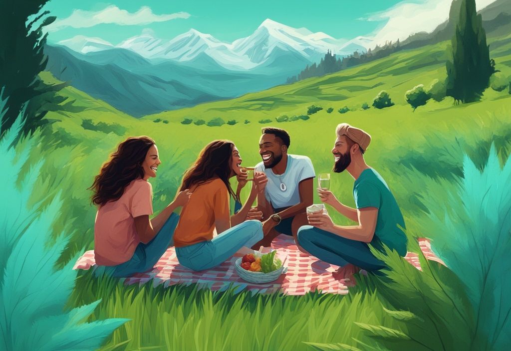 Digitale Malerei, entspannte Freunde beim Picknick in einem grünen Cannabisfeld mit malerischer Bergkulisse, Hauptfarbe Türkis