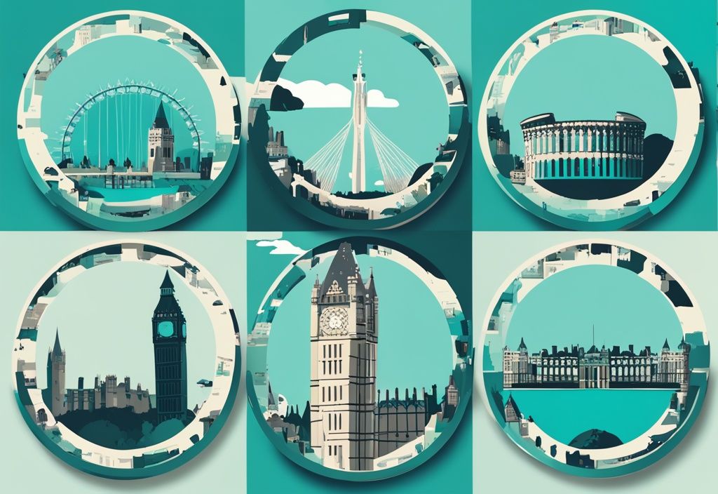 Moderne digitale Illustration mit türkisfarbenem Thema, zeigt ikonische Wahrzeichen Großbritanniens wie das London Eye, Stonehenge und Edinburgh Castle in einem kreisförmigen Muster, das eine Rundreise symbolisiert.