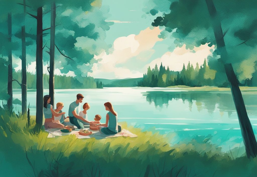 Moderne digitale Illustration eines finnischen Sees umgeben von grünen Wäldern mit einer Familie, die ein Picknick am Ufer unter dem klaren Sommerhimmel genießt - finnland urlaub sommer.