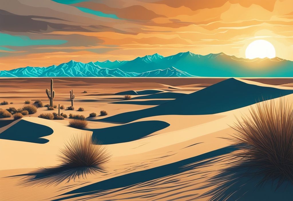 Panoramablick auf den Sonnenuntergang über der weiten, kargen Landschaft des Death Valley National Park mit dramatischen Sanddünen und zerklüfteten Bergen im Hintergrund, in modernen digitalen Türkistönen.