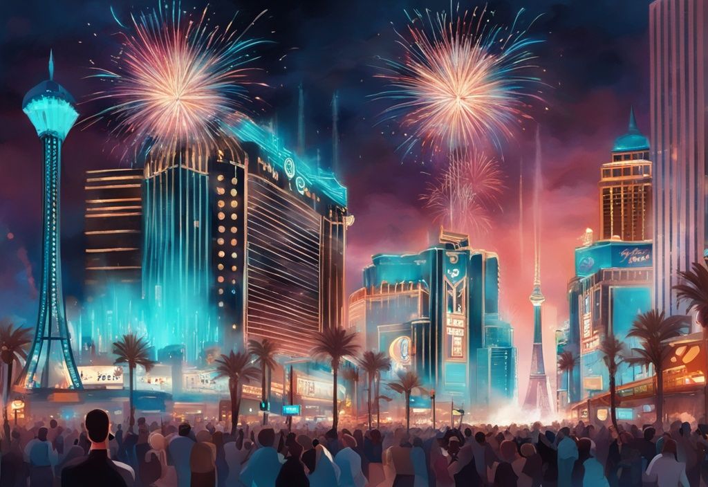 Moderne digitale Malerei, Silvester Las Vegas, bunte Szene des Las Vegas Strip, beleuchtet mit Feuerwerk und Menschenmengen, die Silvester feiern, Hauptfarbe Türkis.