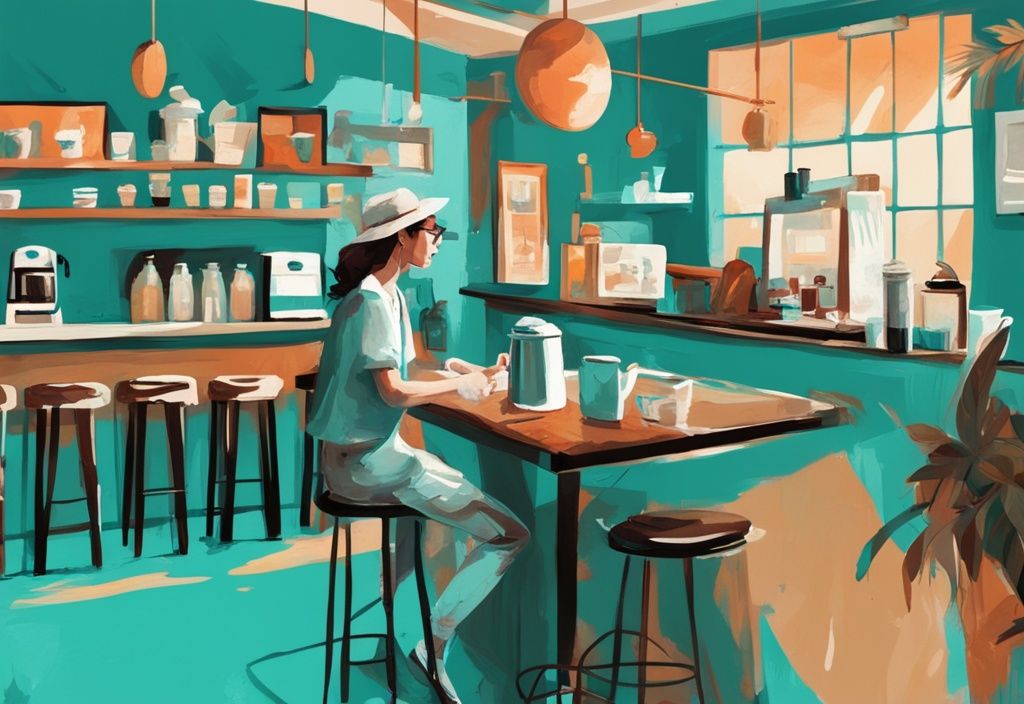 Moderne digitale Malerei eines eklektischen Cafés mit türkisfarbenem Thema, Vintage-Möbeln, künstlerischen Wandgemälden und einer Barista, die einen bunten Latte zubereitet.