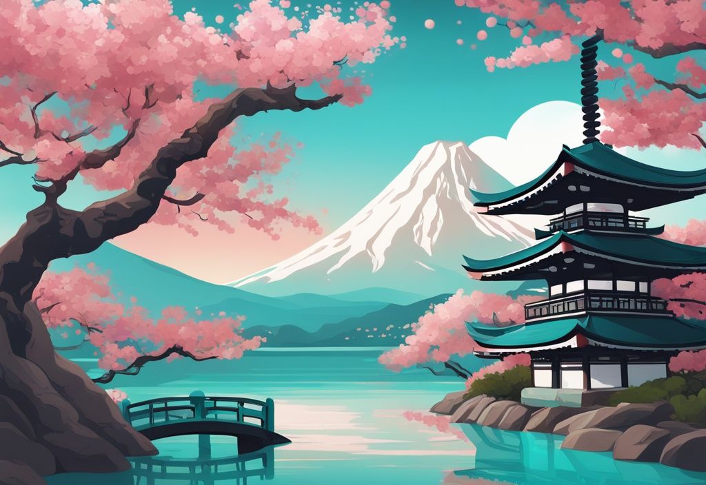 Moderne digitale Malerei eines traditionellen japanischen Teegartens mit Kirschblütenbaum, Steinlaterne und Mount Fuji im Hintergrund, ideal für Japan Urlaub.