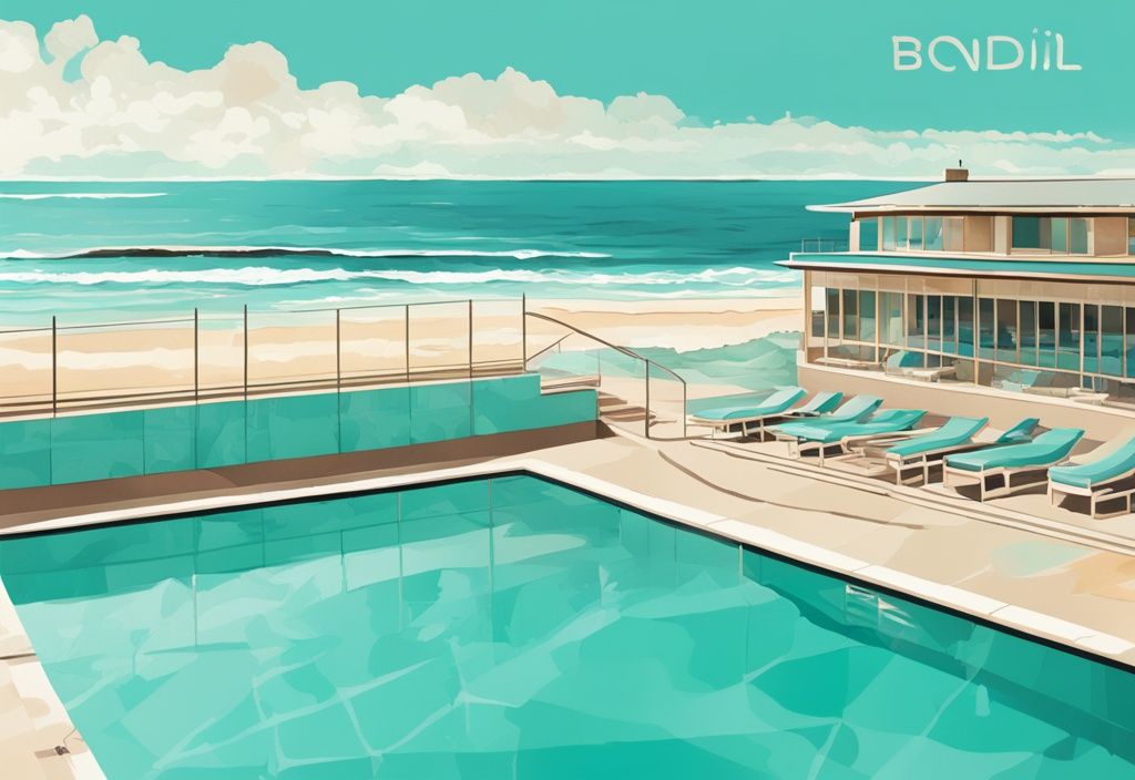 Panoramablick auf den ikonischen Bondi Beach Pool mit kristallklarem Wasser, umgeben von Sandstrand und dem weiten Ozean im Hintergrund, in modernem digitalen Gemälde mit Türkistönen.