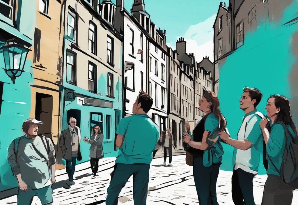 Moderner digitaler Gemäldeillustration in Türkis: Ein lokaler Führer zeigt einer Gruppe neugieriger Touristen ein verstecktes Juwel in Edinburghs historischem Altstadt.