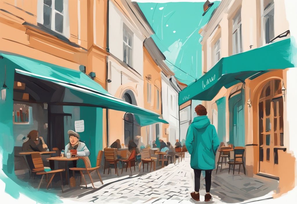 Einheimischer Führer zeigt Touristen versteckte Schätze in Vilnius, darunter ein gemütliches Café, eine kunstvolle Gasse und einen ruhigen Park, digitale Illustration in Türkis.