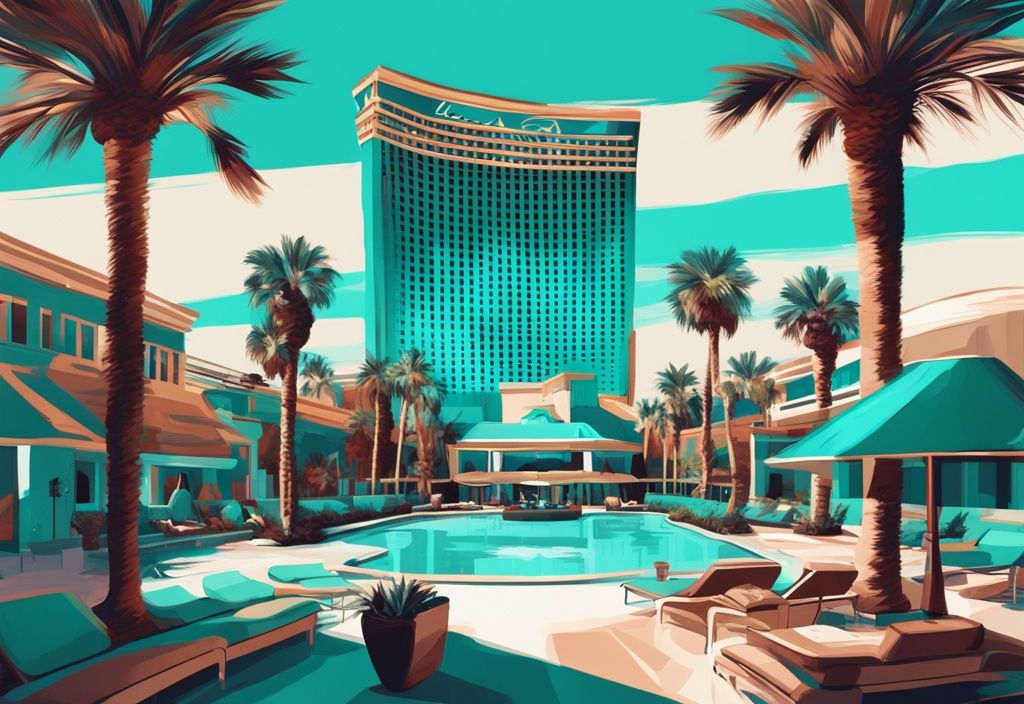 Moderne digitale Malerei eines luxuriösen Resorts in Las Vegas mit einem digitalen Bildschirm, der die Resortgebühr Las Vegas anzeigt, in der Hauptfarbe Türkis.