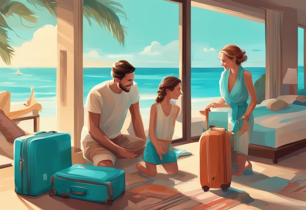 Moderne digitale Illustration in Türkis: Glückliche Familie packt Koffer im luxuriösen Resortzimmer mit Strandblick aus, symbolisiert die Vorteile Pauschalreise.