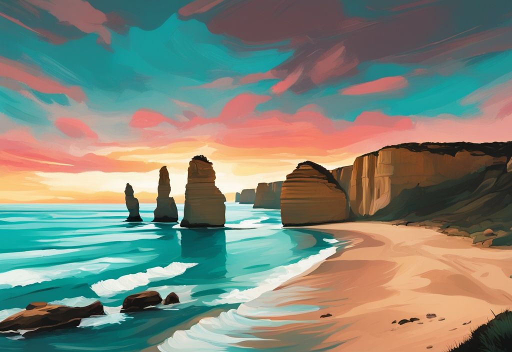 Moderne digitale Malerei der Twelve Apostles in Port Campbell National Park bei Sonnenuntergang, Hauptfarbe Türkis.