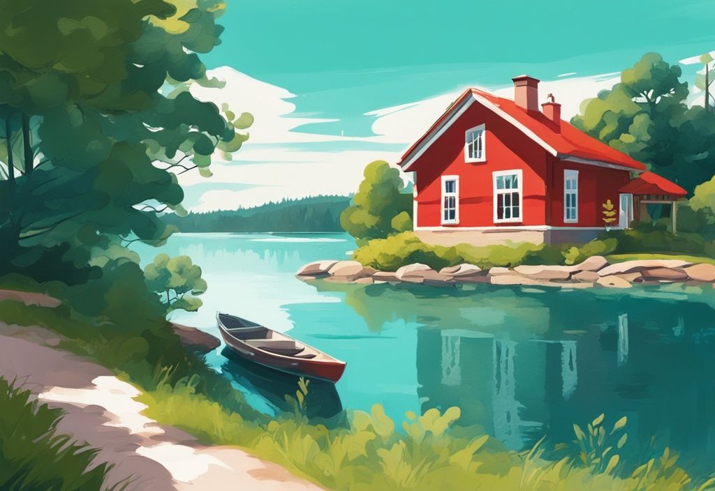 Moderne digitale Malerei eines traditionellen roten schwedischen Hauses inmitten von üppigem Grün, mit einem glitzernden blauen See im Hintergrund unter der warmen Sommersonne – Sommer in Schweden.